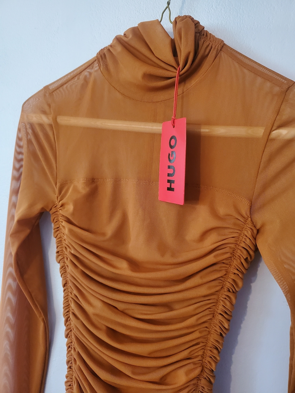 HUGO Rust-Tone Ruched Sheer Bodysuit